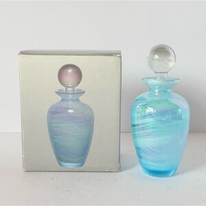 NEW Vintage Iridescent Aqua-Blue & White Art Glass Perfume Bottle with Stopper